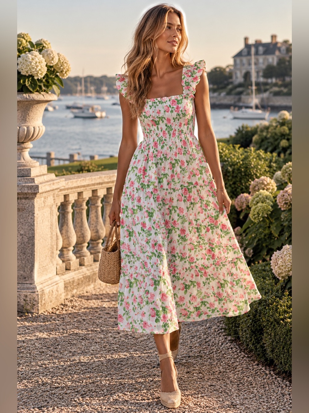 Hill House Home Floral Rose Smocked Ruffle Midi Dress XS